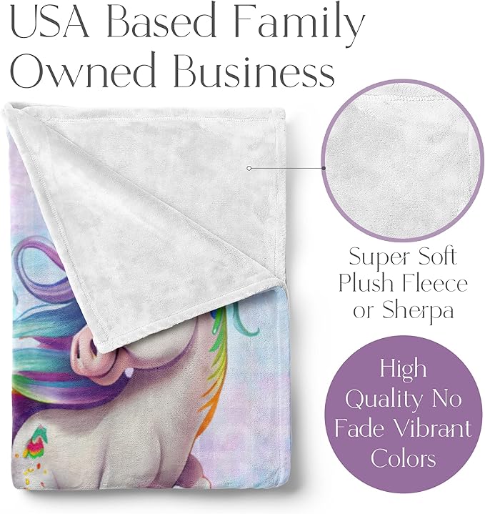 Personalized Baby Unicorn Throw Blanket for Girls with Custom Name, Prancing Pony with Rainbow Mane and Tail, Cute Nursery Room Decor, Soft Plush Toddler Bedding for Babies, (Sherpa 50x60)