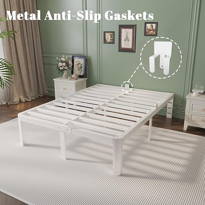 14 Inch Queen Bed Frame with Metal Gaskets, White Bed Frame Queen Size No Box Spring Needed, Heavy Duty Steel Platform Support, Round Corner Design, Noise Free, Storage Space, Easy Assembly