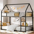 LIKIMIO Bunk Bed Twin XL Over Twin XL, Metal Bunk Bed Frame with Ladder and Guardrail, House Shaped with Metal Slats for Dormitory and Bedroom, Space Saving, No Box Spring Needed, Black