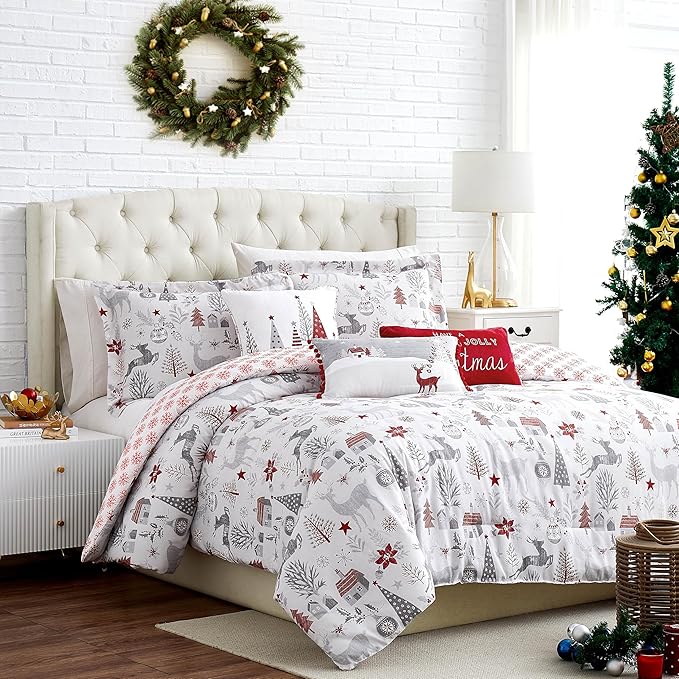 Southshore Fine Living, Inc. 5-Piece Oversized Christmas Comforter Set Twin XL, Reversible Twin Christmas Bedding, Holiday Bedding, 1 Sham, 2 Throw Pillows, 1 Throw Pillow Cover - Holly Jolly