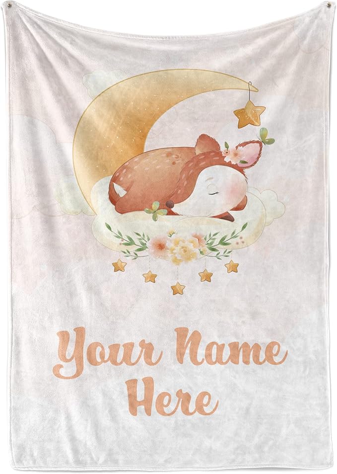 Personalized Baby Blankets with Name | Custom Fawn Blanket for Baby Girls and Baby Boys | Unisex Warm Soft Fleece Swaddle Blanket Minky | (Fawn, Fleece 30"x40"), Deer