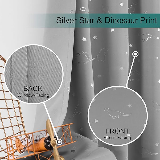 LORDTEX Dinosaur and Star Foil Print Blackout Curtains for Kids Room - Thermal Insulated Curtains Noise Reducing Window Drapes for Boys and Girls Bedroom, 52 x 108 Inch, Light Grey, Set of 2 Panels