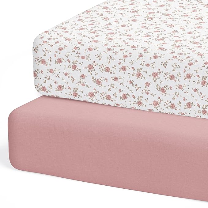 Crib Sheets Neutral - Fitted Baby Crib Sheets Bed for Girl Boy - 2 Pack Standard & Toddler Mattress (Juliette) - Buttery Soft Organic Cotton Blend