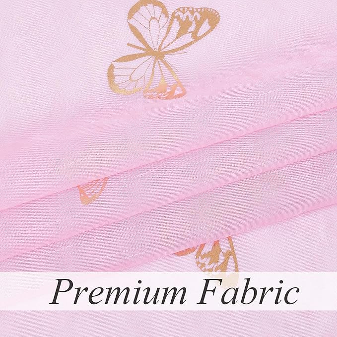 Jubilantex Pink Butterfly Sheer Curtains Gold Print Drapes for Baby Girls Nursery, Kids Bedroom 84 Inch Long Toddler Linen Textured Curtain Rod Pocket Window Treatment Sets, 2 Panels