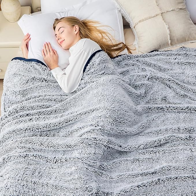 EMME Soft Sherpa Fleece Blanket Reversible Plush Fluffy Large Blanket, Light Weight Warm Decorative Boho Blanket Cover for Sofa, Couch, Bedroom,Travel(Plush Navy,108"x90")