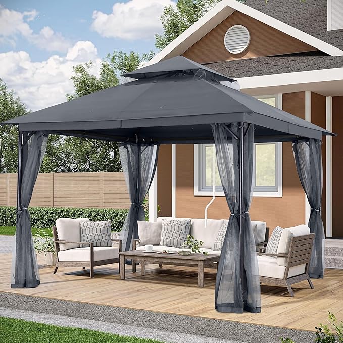 ABCCANOPY Outdoor Patio Gazebo 11x11 - Double Roof Canopy with Mosquito Netting for Backyard, Deck, Garden, Lawn, Dark Gray