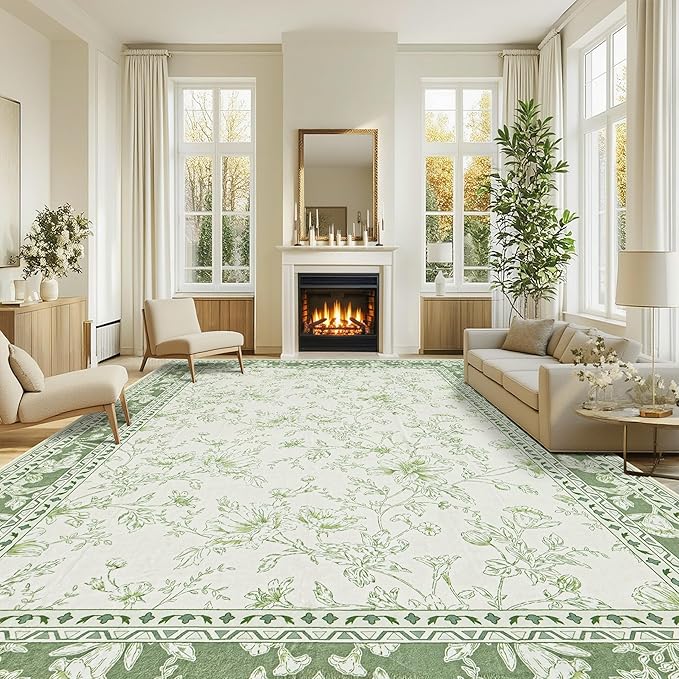 Green Boho 9x12 Rug Living Room Extra Large Washable Non Slip Soft Faux Wool Farmhouse Carpet for Bedroom Dining Room Playroom Cream Beige and Green Peony Lily Aesthetic Pattern Floral Area Rug