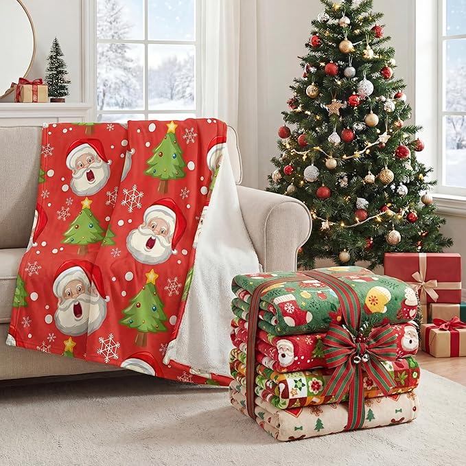 Buryeah 4 Pack Christmas Throw Blankets Bulk Snowmen, Santa Claus, Snowflakes, Xmas Tree Soft Cozy Lightweight Christmas Plush Flannel Blanket for Sofa, Couch, Home Decor Xmas Supplies, 50 x 60 Inch