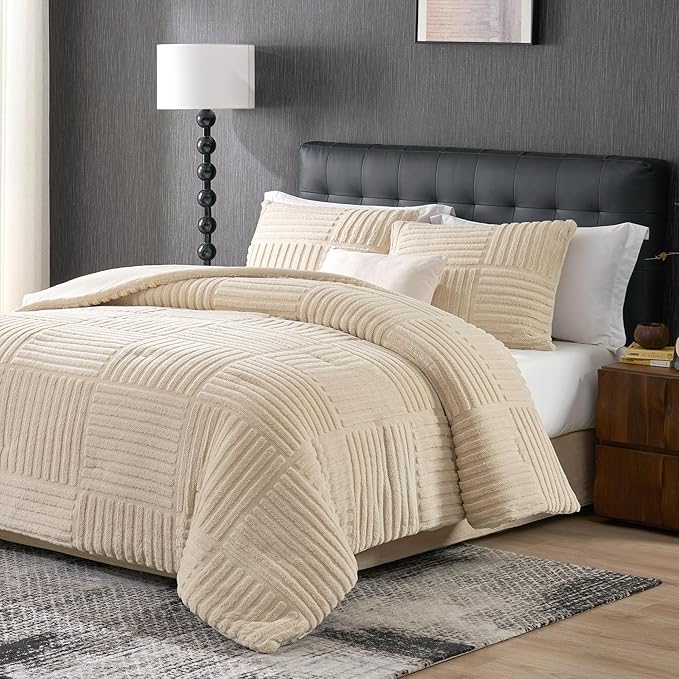 Amélie Home Queen Comforter Set with Stripe Jacquard Design in Khaki, Super Warm Fluffy Plush Bedding Set for Winter, 3 Pieces Including 1 Soft Comforter and 2 Pillowcases