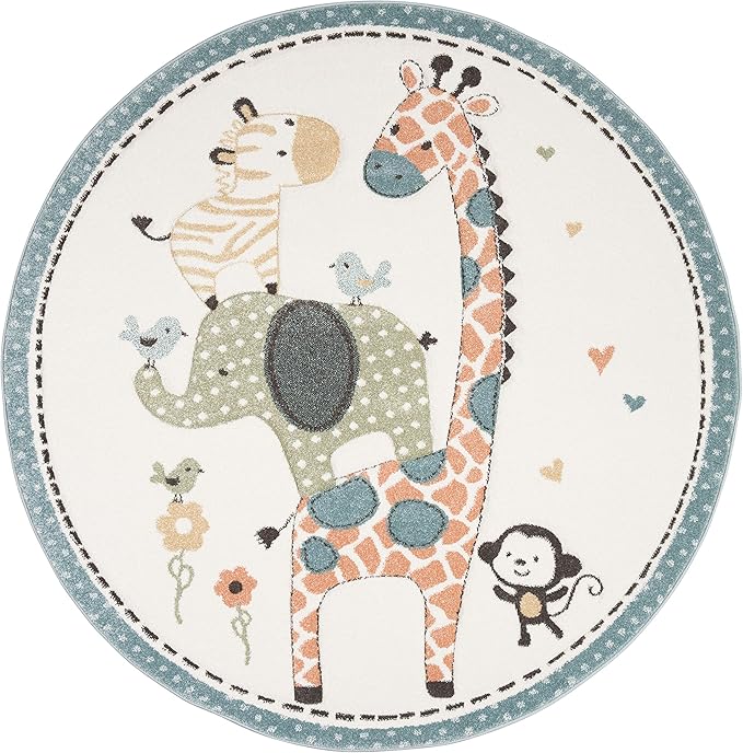 SAFAVIEH Carousel Kids Collection Area Rug - 6'7" Round, Ivory, Animal Design, Non-Shedding & Easy Care, Ideal for High Traffic Areas for Boys & Girls in Playroom, Nursery, Bedroom (CRK120A)
