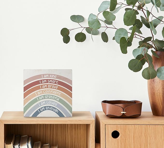 Mtrgdn Boho Rainbow Classroom Decor,Inspirational Kids Room Desk Decor,Positive Affirmations Wooden Box Sign for Classrom Nursery Kids Bathroom Bedroom Shelf Decorations,5x5 Inch