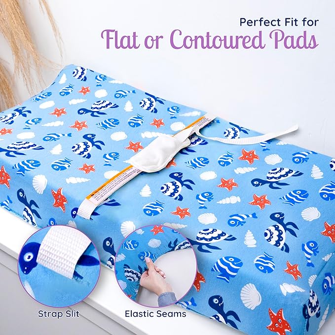 GROW WILD Changing Pad Cover 3 Pack | Soft & Stretchy Jersey Cotton | Baby Changing Table Pad Cover | Diaper Changing Pad Covers for Girls and Boys (Ocean & Under The Sea)