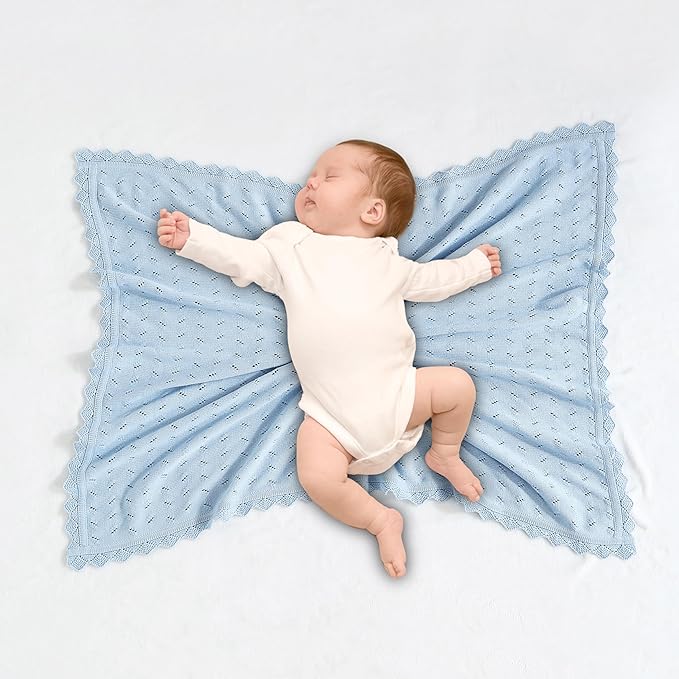 Baby Blanket 100% Cotton Knit Swaddle Soft Newborn Receiving Blanket Cozy for Boy/Girl Crib,Stroller Blue 40x30in
