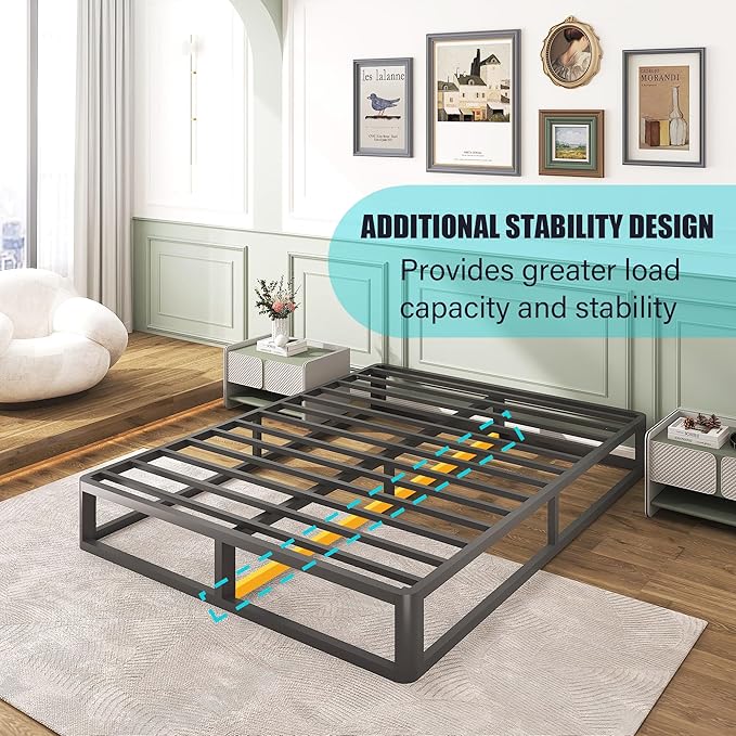 Upgrade Anti Bending and Round Corner Legs 10 inch Metal Queen Bed Frame 3500 LBS Heavy Steel Slats Support Platform Bed Frames No Box Spring Needed Platform Noise Free Easy Assembly