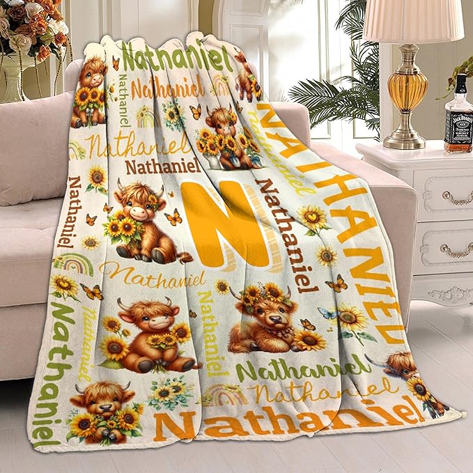 Personalized Custom Sunflower Highland Cow Blanket Gift for Kids Boys Girls with Name - Customized Sunflower Highland Cow Super Soft Flannel Sheets Decor for Crib Nap Couch - 90"x120" for Whole Family