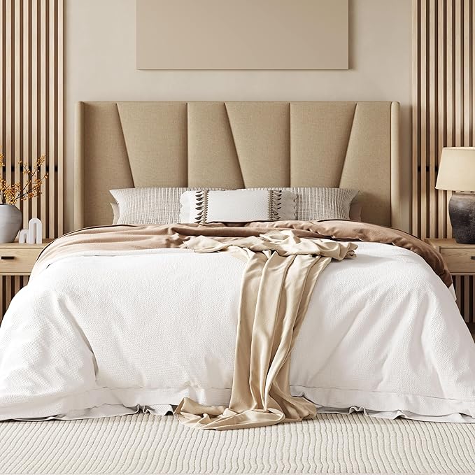 Allewie Queen Size Platform Bed Frame with Geometric Wingback Headboard, Boho Upholstered Bed with Wooden Slats Support, No Box Spring Needed, Easy Assembly, Beige