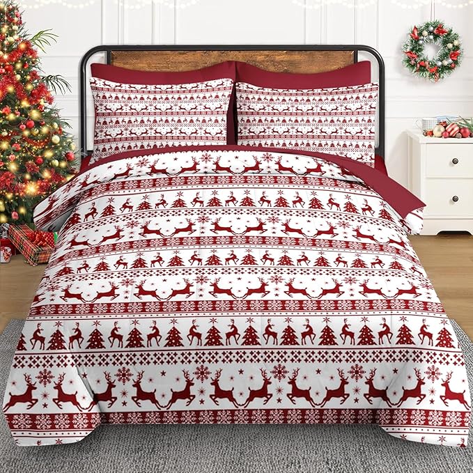 7 Pcs King Size Christmas Comforter Set with 2 Pillowcases & 2 Shams, Red Winter Funny Reindeer Bedding for Kids and Adults, Pine Tree Snowflake Bed in a Bag with Flat Fitted Sheet