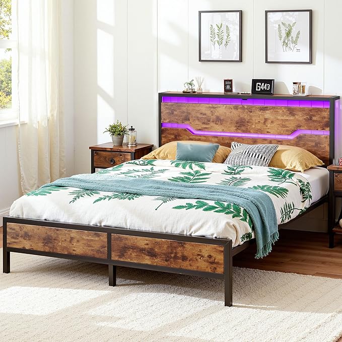 Queen Bed Frame with LED Lights & Charging Station, Bed Frame Queen Size with Headboard,13" Under Bed Storage, Noise-Free Heavy Duty Metal Support, Modern Brown
