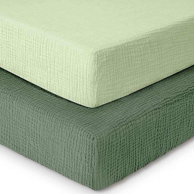 Dreamology Mini Muslin Crib Sheets,100% Cotton Crib Sheets,Muslin Cotton Crib Sheet Fitted for Girls and Boys, Pack and Play Sheets, 24x38 Mini Crib Sheet | Green and Light Green