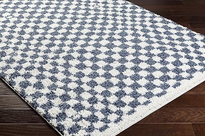 Hauteloom Kieu Contemporary Checkered Fluffy Shag Area Rug - Modern Geometric Soft Carpet Tiles for Living Room, Kids Room, Nursery - Blue, White - 5'3" x 7'