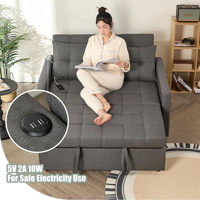 52" Sleeper Sofa with Pull-Out Bed, 3-in-1 Convertible Sofa Bed, Loveseat with Stepless Adjustable Backrest and Side Pocket, for Living Room Dorm Apartment, Linen, Dark Gray