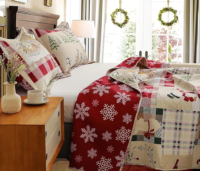 Christmas Bedding Set Queen Size Christmas Quilt Bedspread Holiday Xmas Bedding Buffalo Plaid Patchwork Bedding Rustic Lodge Cabin Quilt Lightweight Reversible Coverlet Festival Home Decor