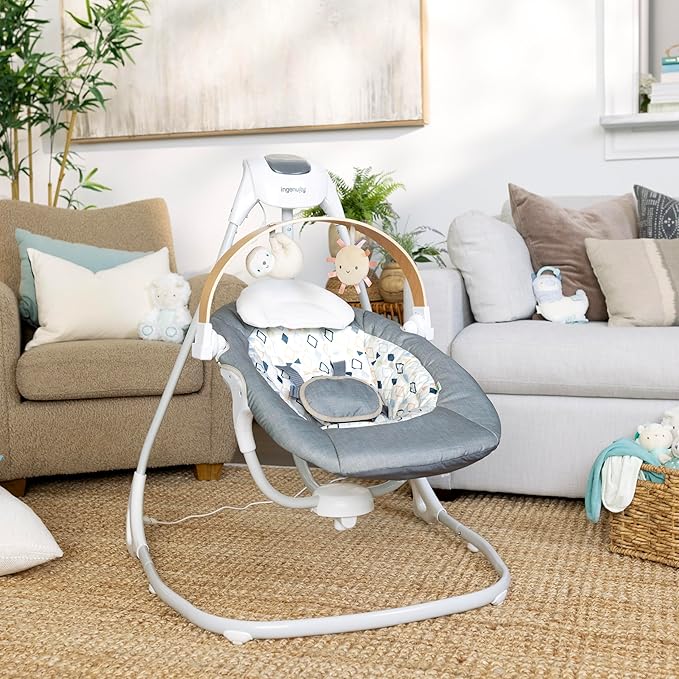 Ingenuity SimpleComfort Compact Baby Swing, Rotating Seat Swings in 3 Directions, 6 Speeds, 8 Melodies & 3 Nature Sounds, Ages 0-9 Months, Up to 20 Pounds - Parker