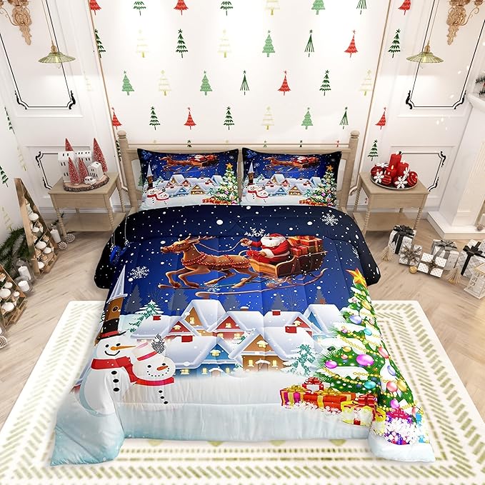 Manfei Christmas Bedding Set Queen Size Snowman Christmas Tree Print Comforter Set Santa Claus with Reindeer Quilt Set 3pcs for Kids Boys Girls Room Decor New Year Theme Duvet Set with 2 Pillowcases