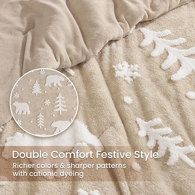 Amélie Home Christmas Comforter Set King, Fluffy Fleece Bedding Set with Polar Bear, Beige Plush Bedding Set for Winter, 3 Pieces, 1 Soft Comforter and 2 Pillow Shams