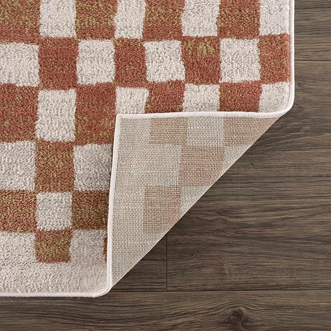 Hauteloom Pertek Modern Checkered Area Rug - Modern Geometric Carpet for Living Room, Kids Room, Nursery - Bohemian Boho Carpet - Cream, Beige, Light Red, Somon - 6'7" x 9'
