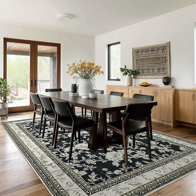 Large Black and Beige Area Rug 9x12 for Living Room Large Charcoal Cream Taupe Pattern Modern Boho for Bedroom Soft Vintage Area Rug Farmhouse Floral Carpet for Dining Room Guest Bedroom Home Decor