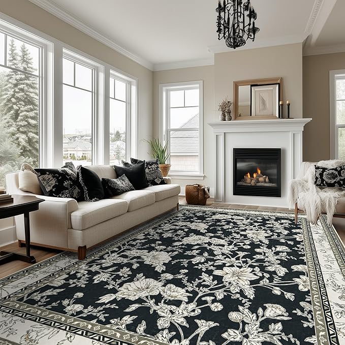 Large Black and Beige Area Rug 9x12 for Living Room Large Charcoal Cream Taupe Pattern Modern Boho for Bedroom Soft Vintage Area Rug Farmhouse Floral Carpet for Dining Room Guest Bedroom Home Decor