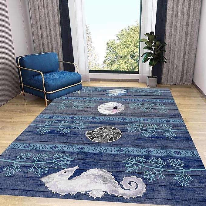 Nautical Living Room Rug, 5x8ft, Ocean Theme Conch Shell Seahorse Indoor Rugs, Beach Waterweed Kitchen Decor Mats, Durable Shed Resistant Cozy Easy Clean Carpet for Bedroom Family