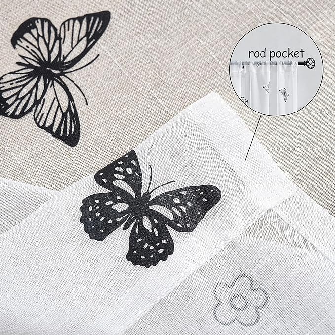 Jubilantex White Sheer Curtain Panels Black Butterfly Floral Pattern Design Drapes 63 Inches Long, Girls Kids Bedroom Textured Window Curtains Light Filtering Rod Pocket Top Drapery, Set of 2