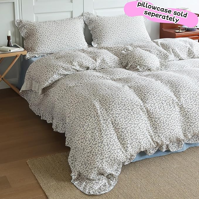 BuLuTu Vintage Blue Floral Ruffles Duvet Cover King, Princess Bedding Comforter Cover, 100% Cotton Muslin Quilt Covers with Zipper, 90"x104", No Pillow, Soft Lightweight