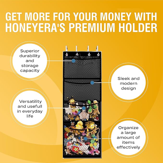 Honeyera The Original Stuffed Animal Storage (Patented) - Over Door Organizer for Stuffies, Toy Plush/Hammock Baby Hanging Storage Net Big Girls Toddler Large Bag Animals (Black)