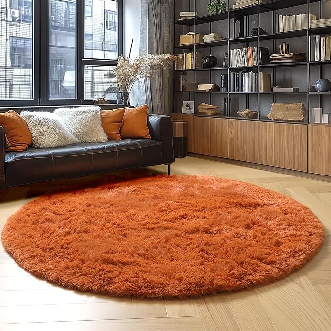 Amdrebio Burnt Orange Round Circle Rug 5Ft for Bedroom Living Room, Fluffy Fuzzy Shaggy Furry Area Rugs for Kids Room Decor Aesthetic, Cute Plush Shag Dark Orange Carpet for Nursery Dorm Classroom