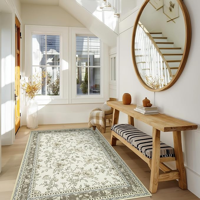 3x5 Beige Khaki Floral Area Rug for Entryway Soft Washable Modern Boho Farmhouse Rug Non-Slip Taupe Oatmeal Earth Tone Sketch Style Flower Vintage Aesthetic Carpet for Bedroom, Dining Room Door Mat