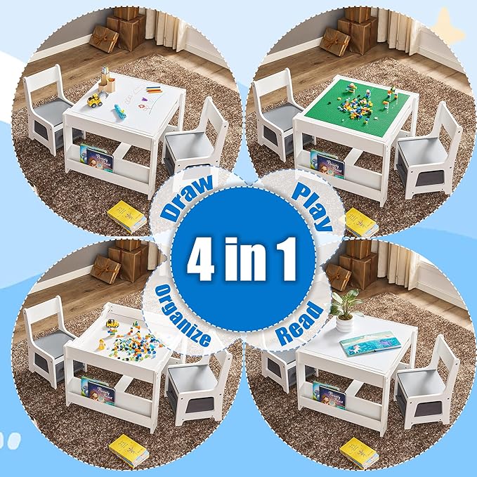 Kids Table and Chair Set, 3 in 1 Wooden Activity Table with Storage Drawer for Toddlers Drawing, Reading, Crafts, 2 in 1 Detachable Tabletop Table Set for Nursery, Playroom (Gray & White)