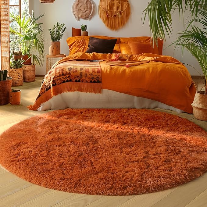 Amdrebio Burnt Orange Round Circle Rug 5Ft for Bedroom Living Room, Fluffy Fuzzy Shaggy Furry Area Rugs for Kids Room Decor Aesthetic, Cute Plush Shag Dark Orange Carpet for Nursery Dorm Classroom