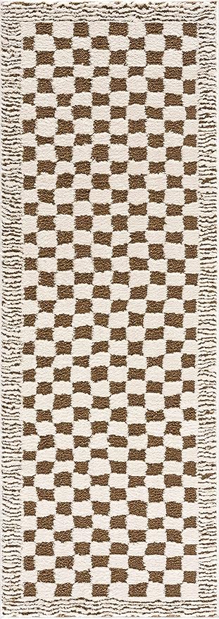 Hauteloom Leryn Living Room, Bedroom Area Rug - Checkered - High Pile - Bone - 5'3" x 7'