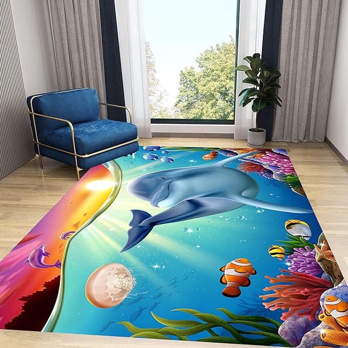 Blue Dolphin Area Rug for Bedroom, 4x5ft, Undersea Ocean Animal Print Indoor Carpet, Beach Tropical Fish Home Decor Playing Mat, Low Pile Breathable Non Shedding Rugs for Kids Room