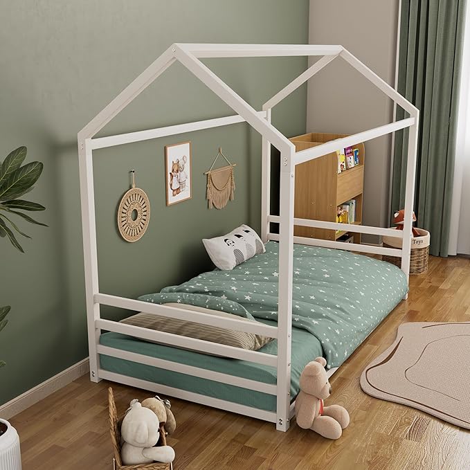 Harper & Bright Designs Full Size Montessori Floor Bed for Children, Metal House Bed Frame with Roof and Fence, Kids Floor Bed Frame for Boys Girls, Easy Assemble, No Slats,White