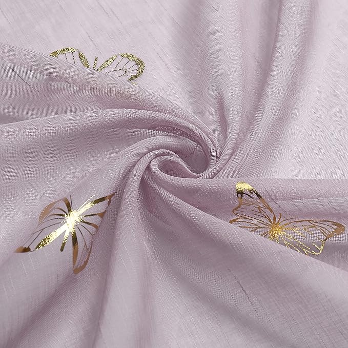 Jubilantex Butterfly Sheer Curtain Panels for Baby Girls Bedroom, Toddler Gold Print Linen Rod Pocket Voile Drapes 63 Inch for Kids Room Living Room, Lavender/Lilac Purple, 2 Panels