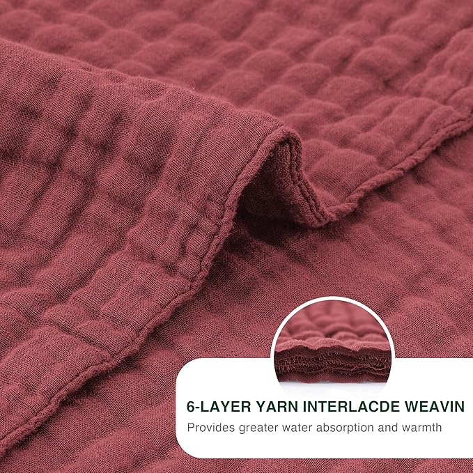 Love's cabin 6 Layer 100% Cotton Muslin Blanket, 50"x60" Throw Muslin Blanket for Couch Bed, Lightweight and Breathable Cotton Gauze for Adult, Wine Red