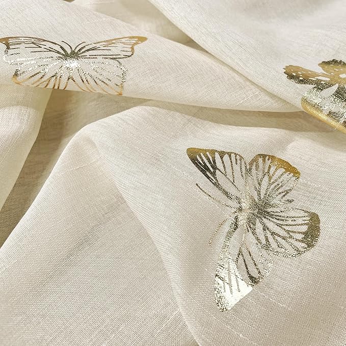 Jubilantex Butterfly Sheer Curtain Panels for Girls Nursery Bedroom, Toddler Gold Print Linen Textured Voile Farmhouse Rod Pocket Window Drapes 84 Inch for Kids Room, 2 Panels, Ivory/Beige