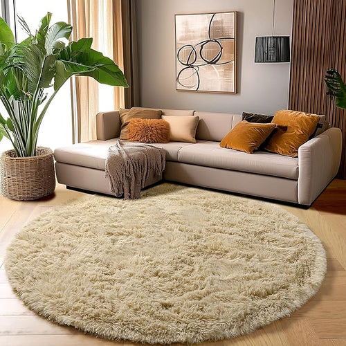 Amdrebio Beige Round Area Rug 6Ft for Living Room Bedroom, Fluffy Plush Shag Furry Circle Rugs for Kids Room Decor Aesthetic, Fuzzy Tan Neutral Circular Carpet for Baby Nursery Classroom Teens Dorm