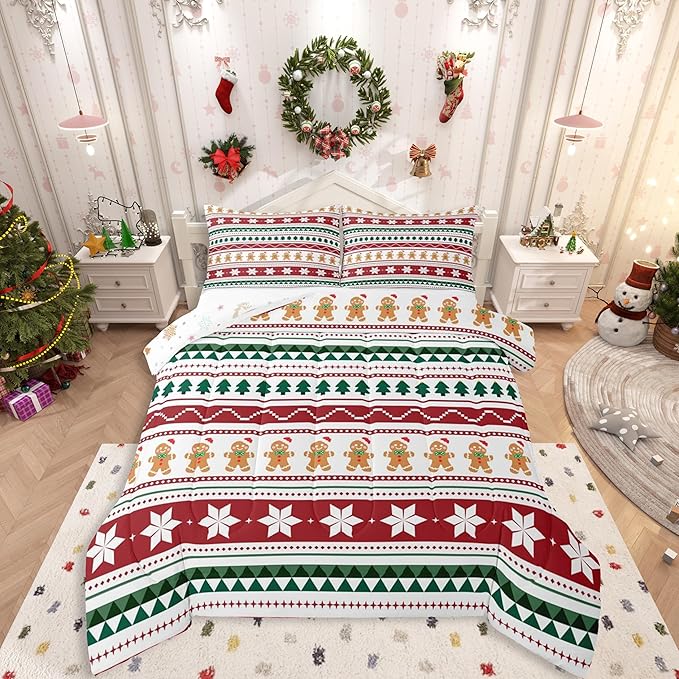 Feelyou Merry Christmas Bedding Set Soft for Boys Girls, Gingerbread Man Comforter Set Queen Size Duvet Quilt Microfiber Striped Bedroom Decor 3 Pcs with 2 Pillow Cases