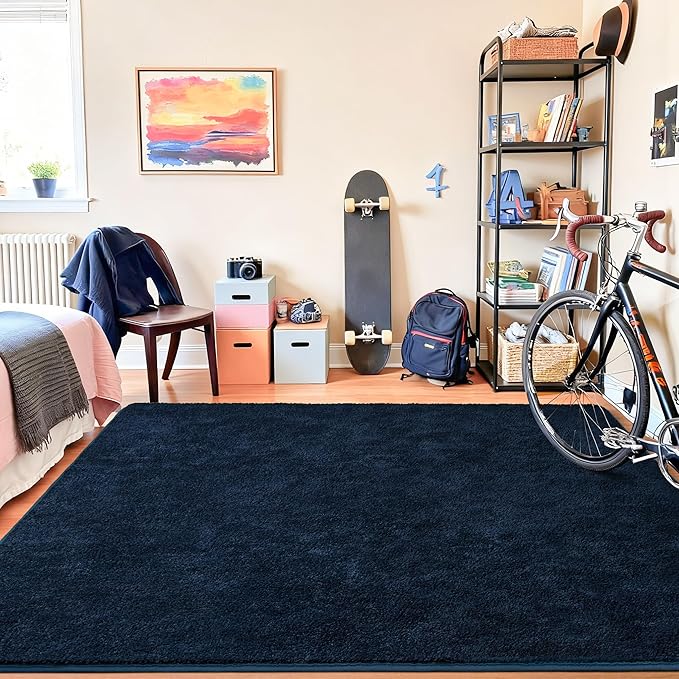 Chicrug 5x7 Minimalist Washable Area Rugs for Bedroom Living Room Classroom, Modern Soft Memory Foam Rug for Kids Nursery, Low Plie Indoor Carpet for Dorm Dining Office Bedside Room Decor, Navy Blue