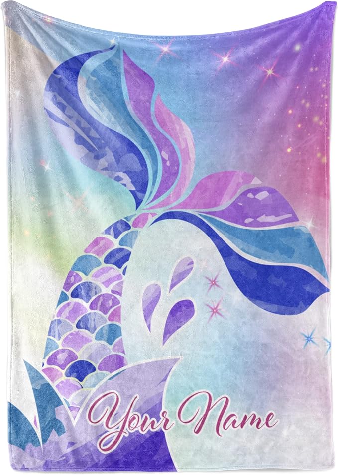 Personalized Mermaid Fleece Blanket - Ships Next Day, Made in USA - Custom, Soft, & Plush, Couch Bed Throw for Kids, Girls Bedroom Décor, Pink & Purple (Sherpa – 60x80)
